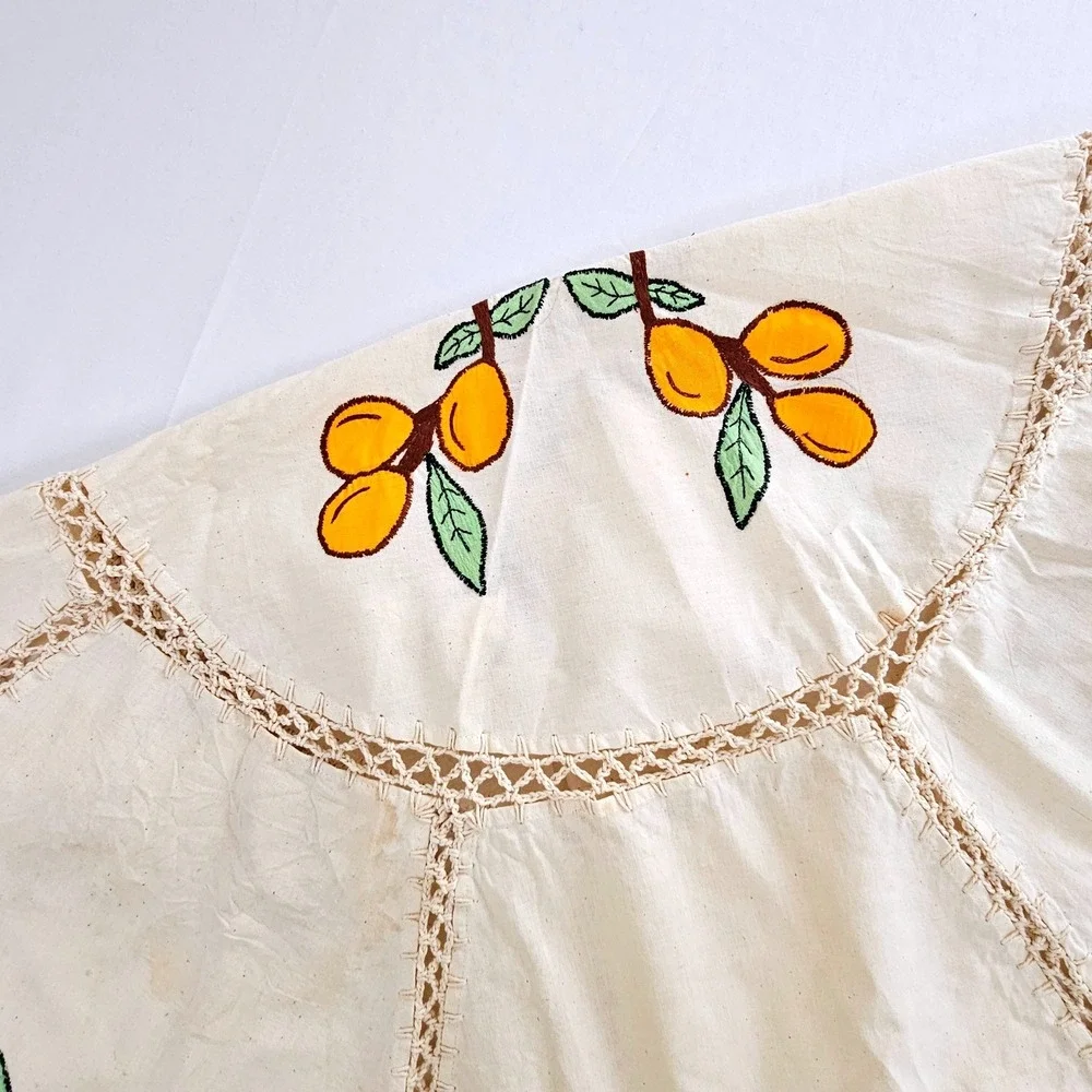 Vintage Embroidered Fruit Round Tablecloth and 6 Napkins Set Crochet Lace Trim